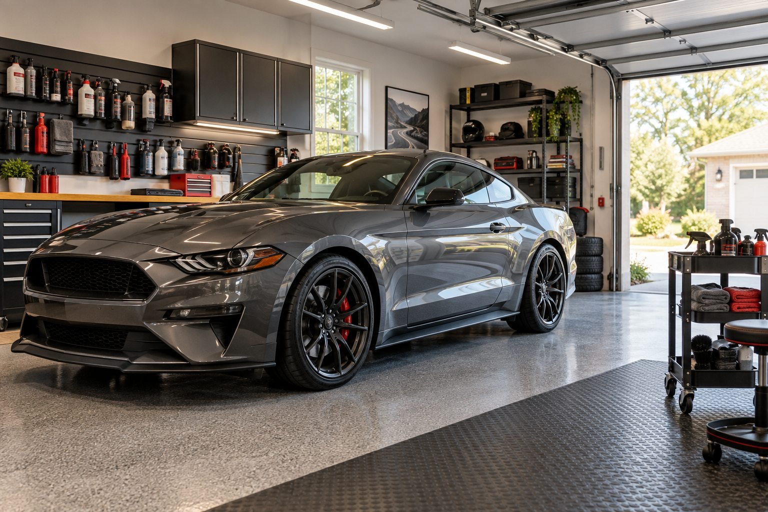 Car enthusiast garage with a sports coupe, detailing cart, and organized supplies
