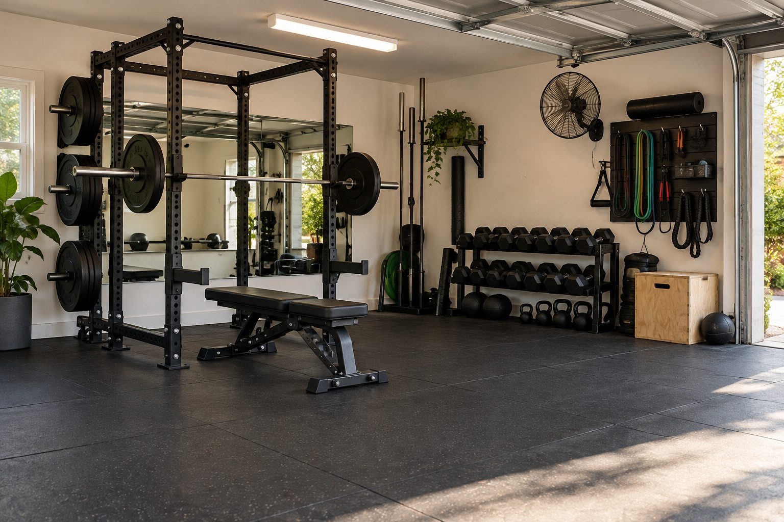Garage gym with rubber flooring, power rack, weights, mirror, and open training space