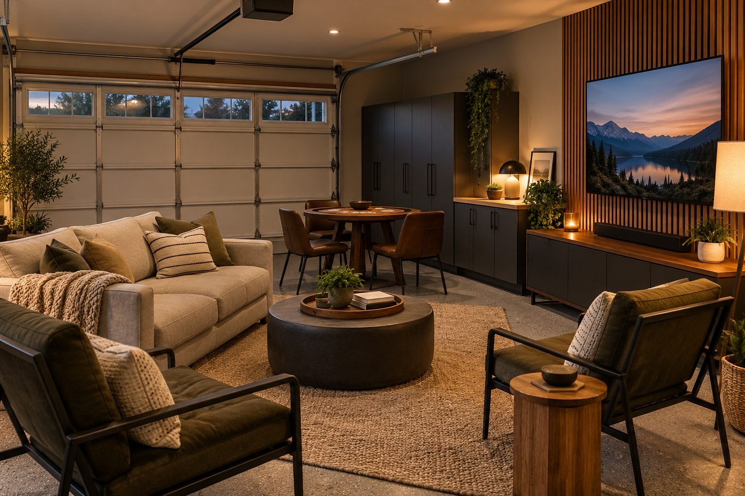 Insulated garage lounge with comfortable seating, warm lighting, media wall, and storage
