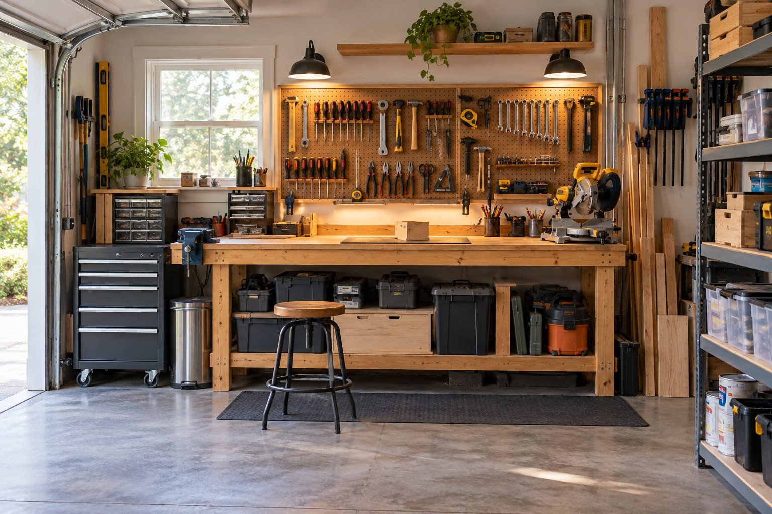 Organized garage workbench with practical tools and storage products
