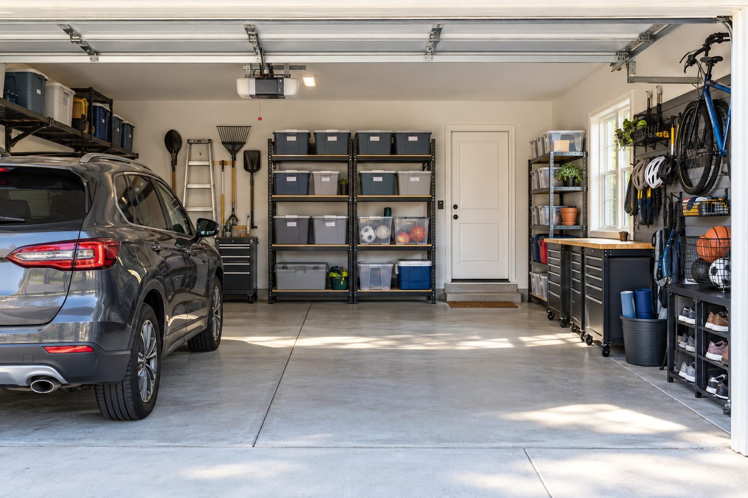 Organized garage with wall storage, bins, and sports equipment