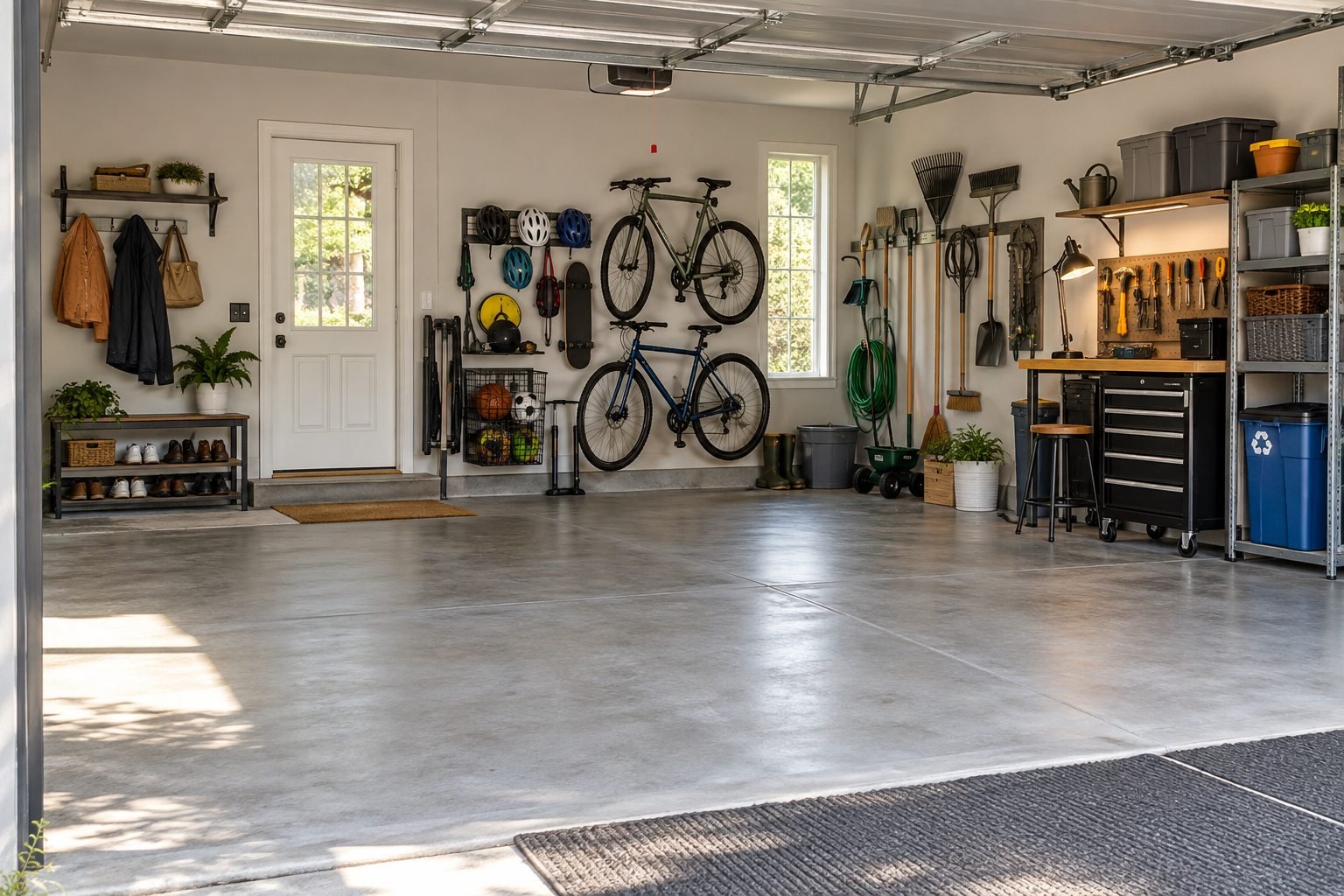 Garage wall organized into entry, bicycle, sports, garden, tool, overflow, and recycling areas with a clear floor