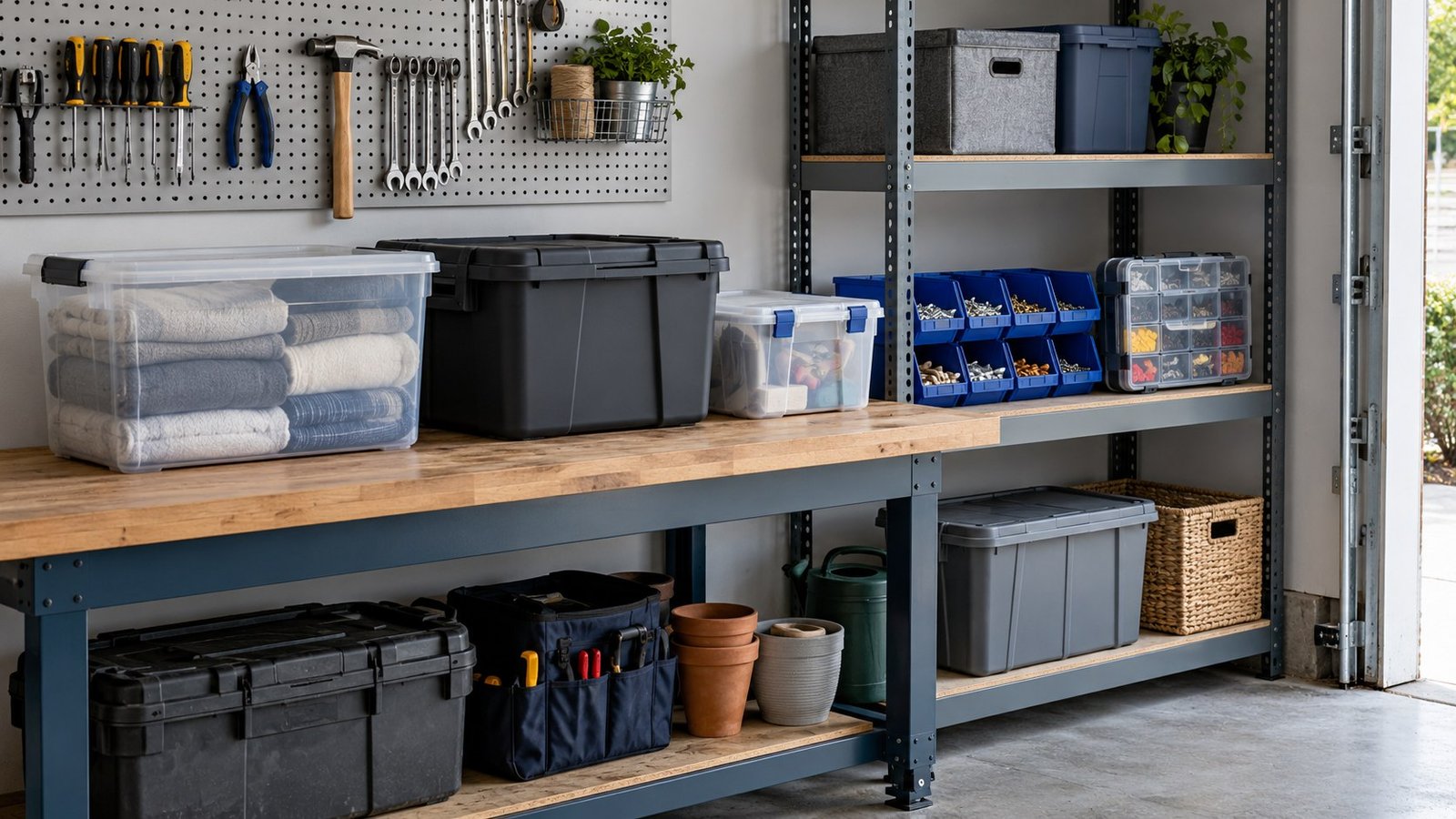 Clear tote, heavy-duty tote, gasketed box, open-front bins, and divided organizer arranged in a garage storage area