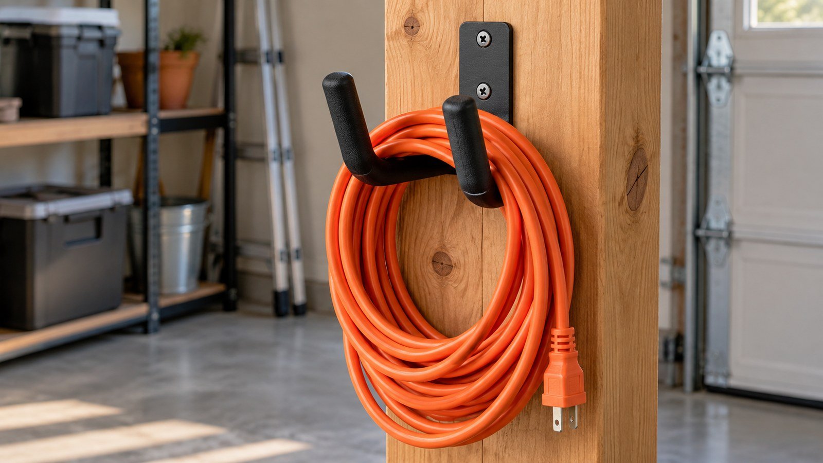 AI-generated illustration of an extension cord on a utility hook attached to wooden support.
