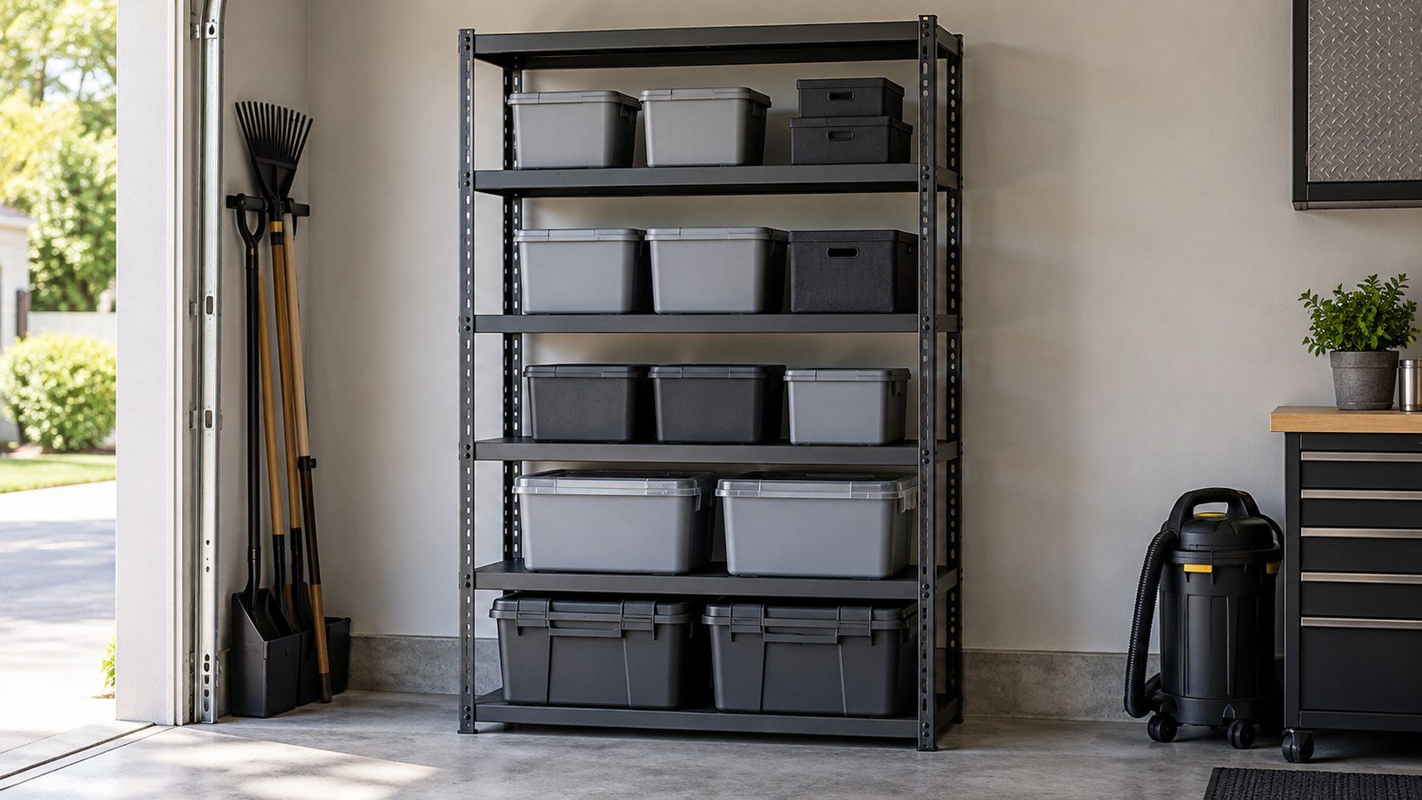 AI-generated illustration of a freestanding five-shelf rack holding storage bins.