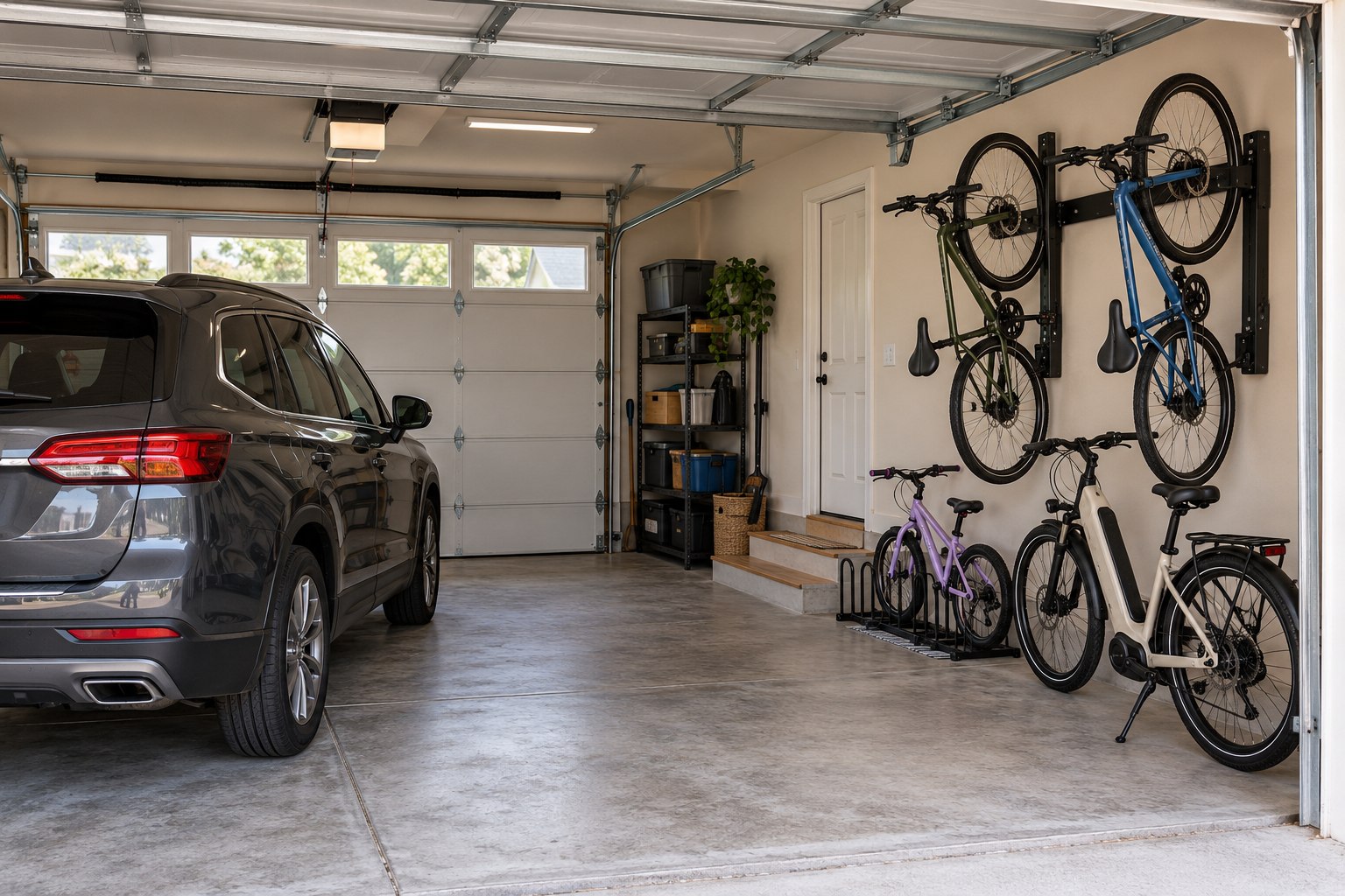 Four family bicycles stored with a mix of accessible wall racks and ground-level stands beside a parked vehicle