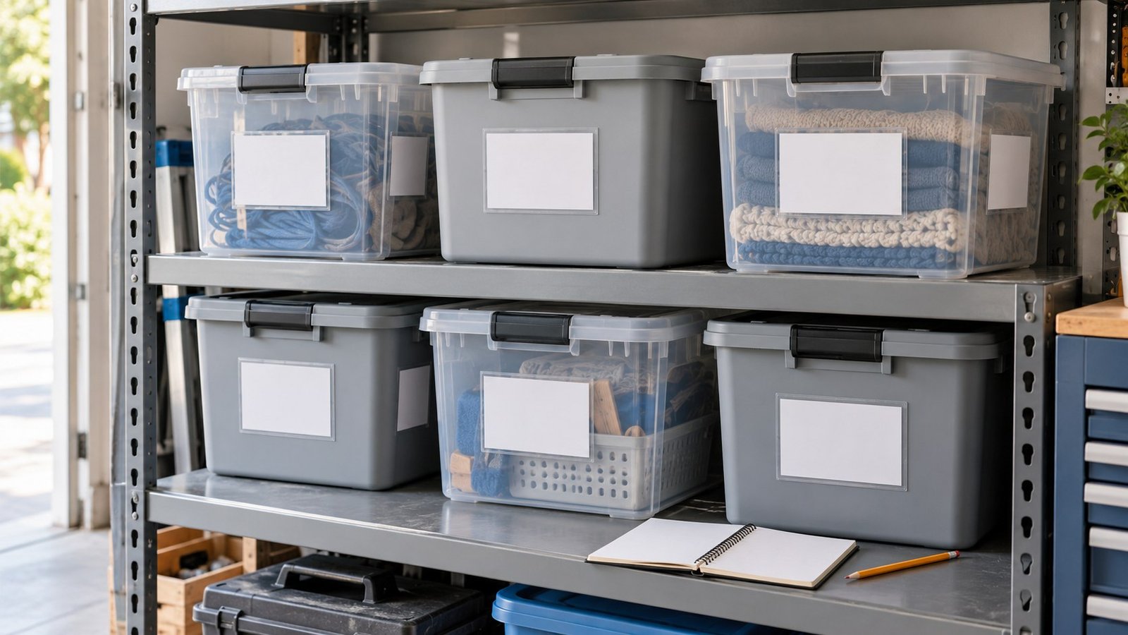 Clear and opaque garage storage bins with consistent removable blank label pockets on steel shelving