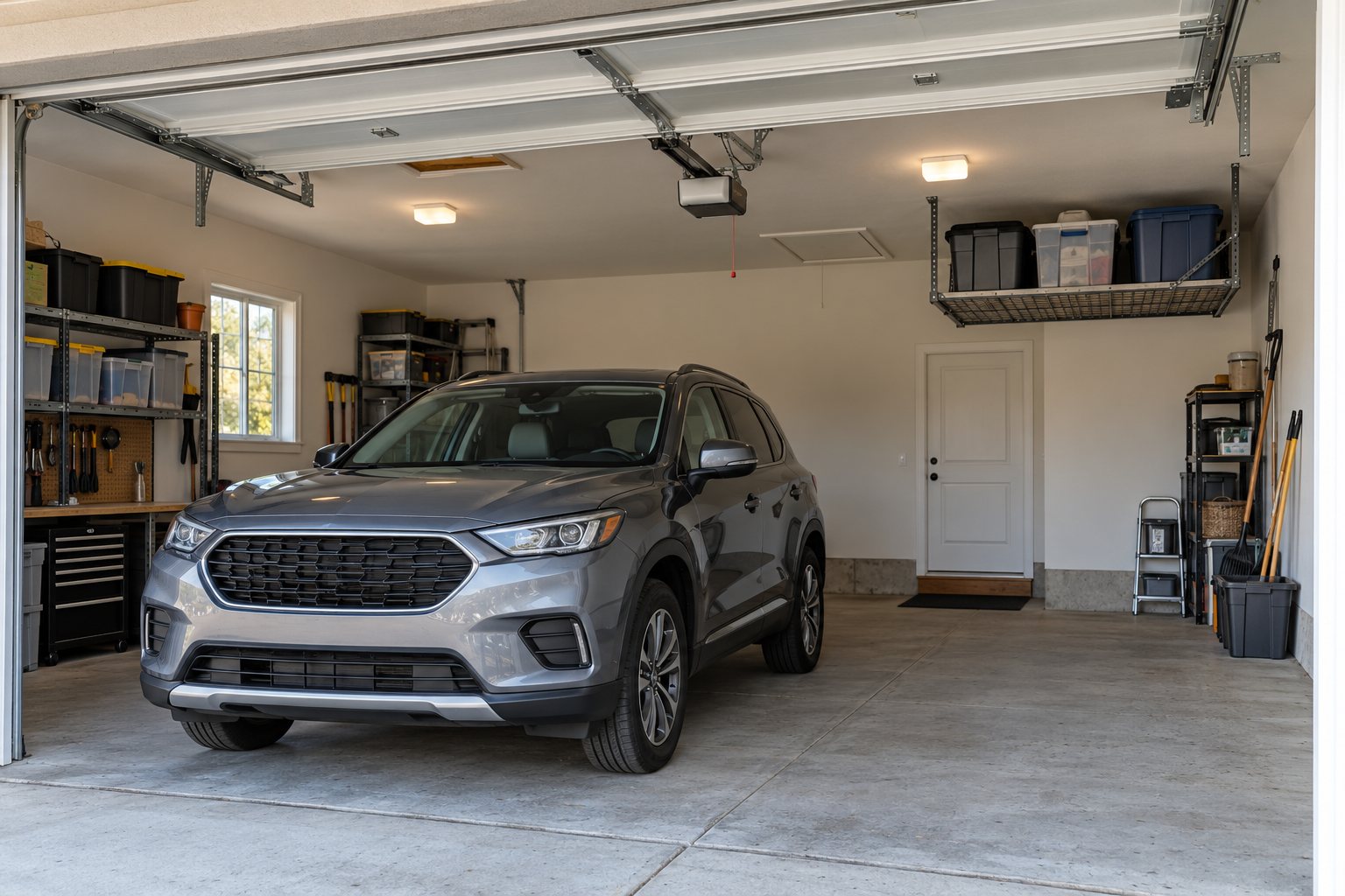 Residential garage with a modest ceiling storage rack placed outside the open garage door path