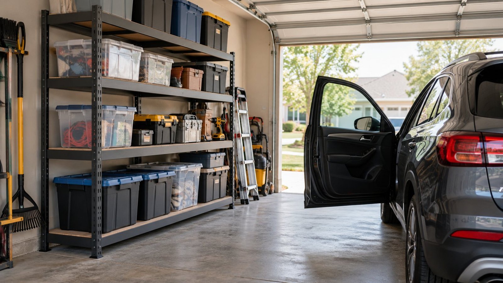 Freestanding steel garage shelving with storage bins beside a parked vehicle with its door open