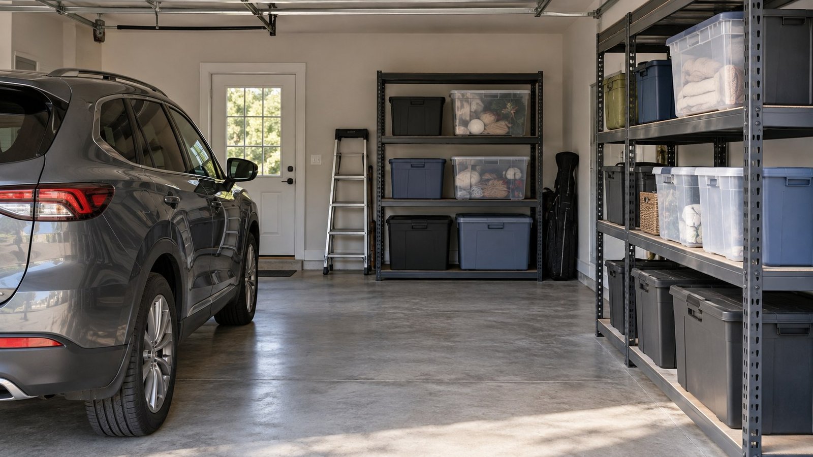 Clear and opaque lidded storage bins arranged by access frequency and weight on garage shelving beside a parked vehicle