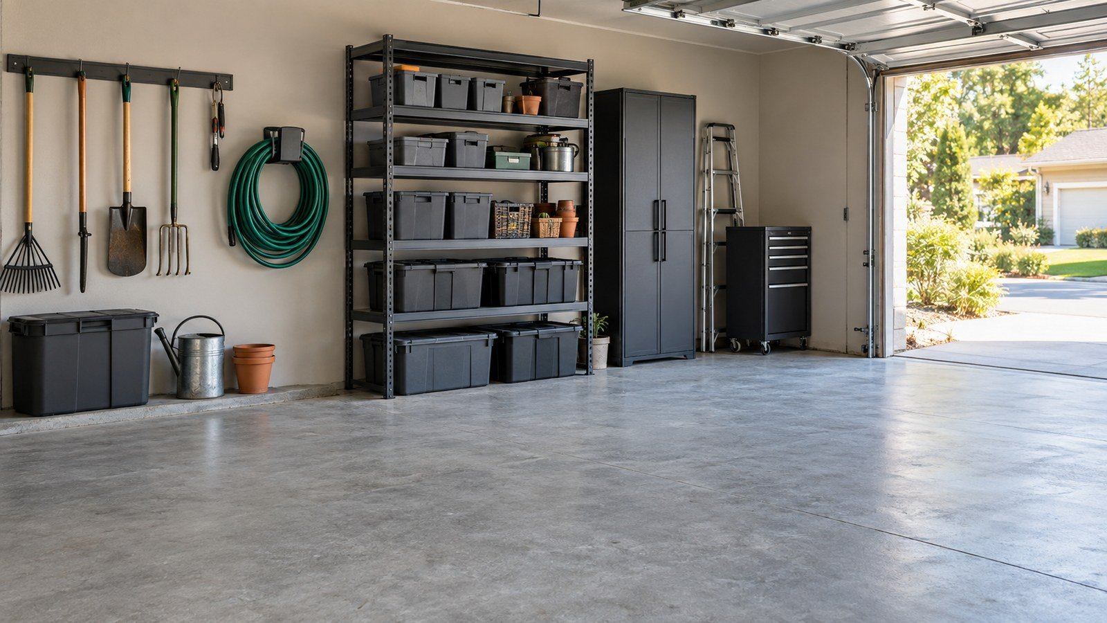 AI-generated illustration of an organized garage with wall storage, shelving and clear floor space.