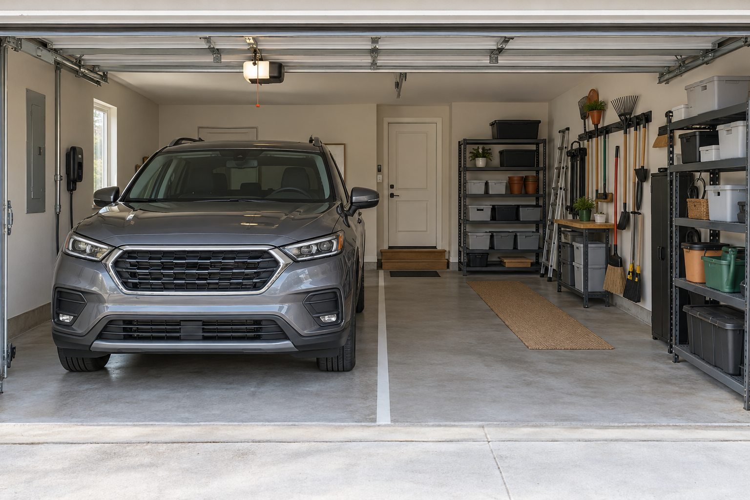 Two-car garage with one SUV parked in a protected bay and organized shelving in the other bay