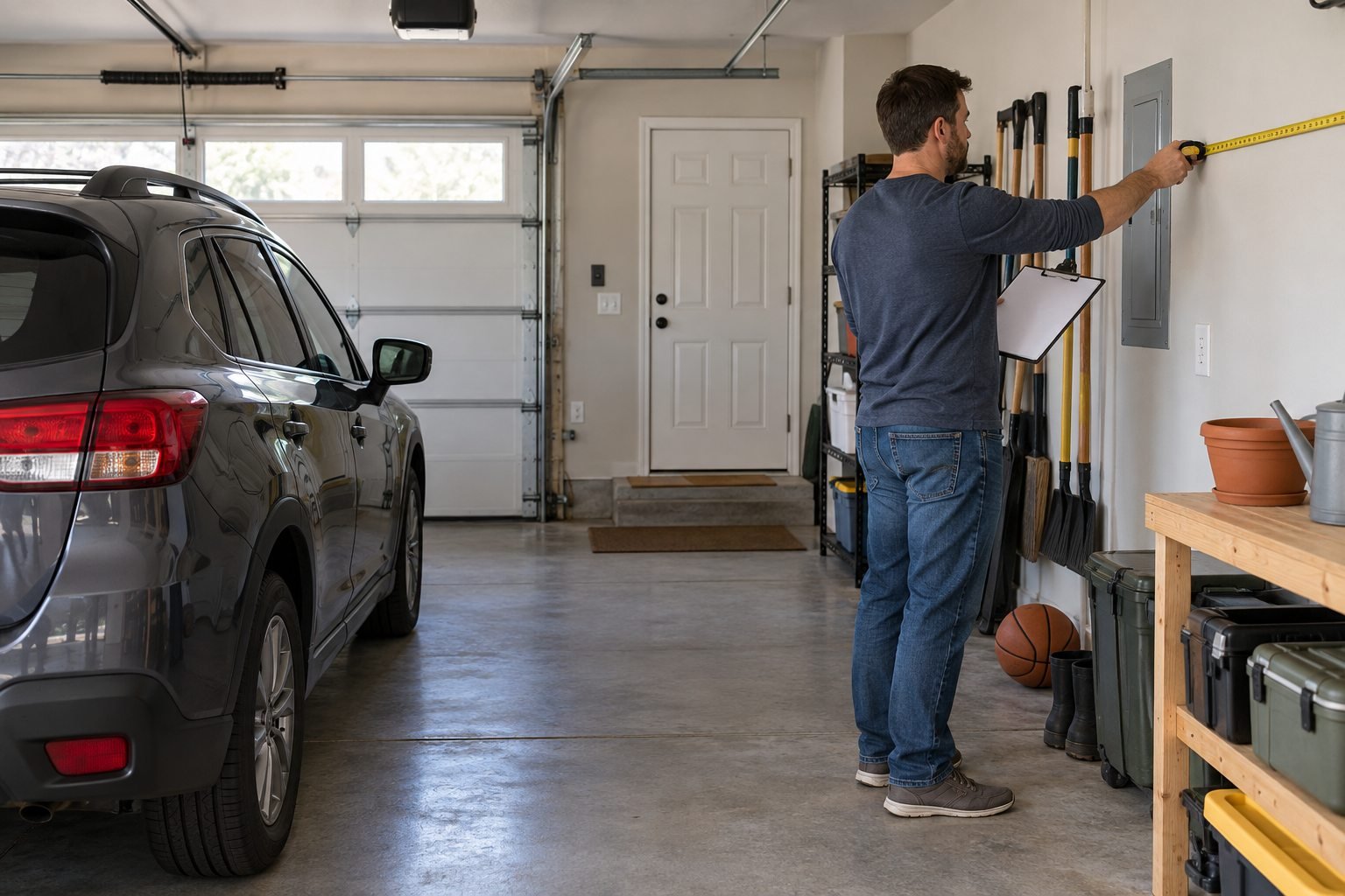 Homeowner measuring a garage wall beside a parked vehicle before planning storage zones
