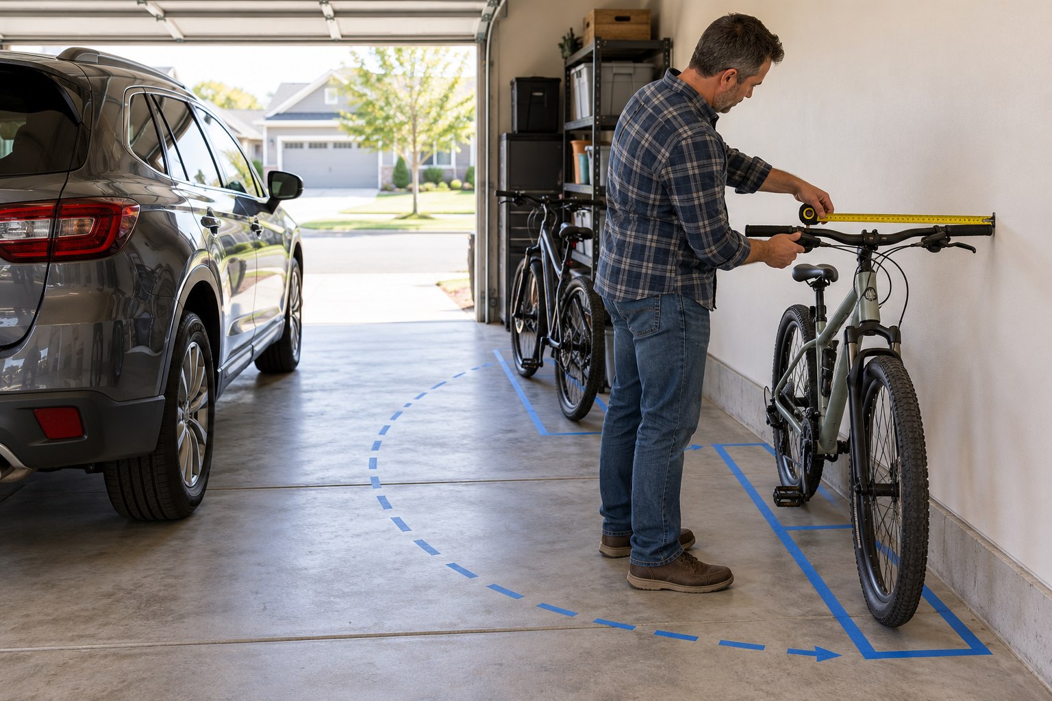 Homeowner measuring bicycle handlebar depth and marking a retrieval path beside a parked vehicle