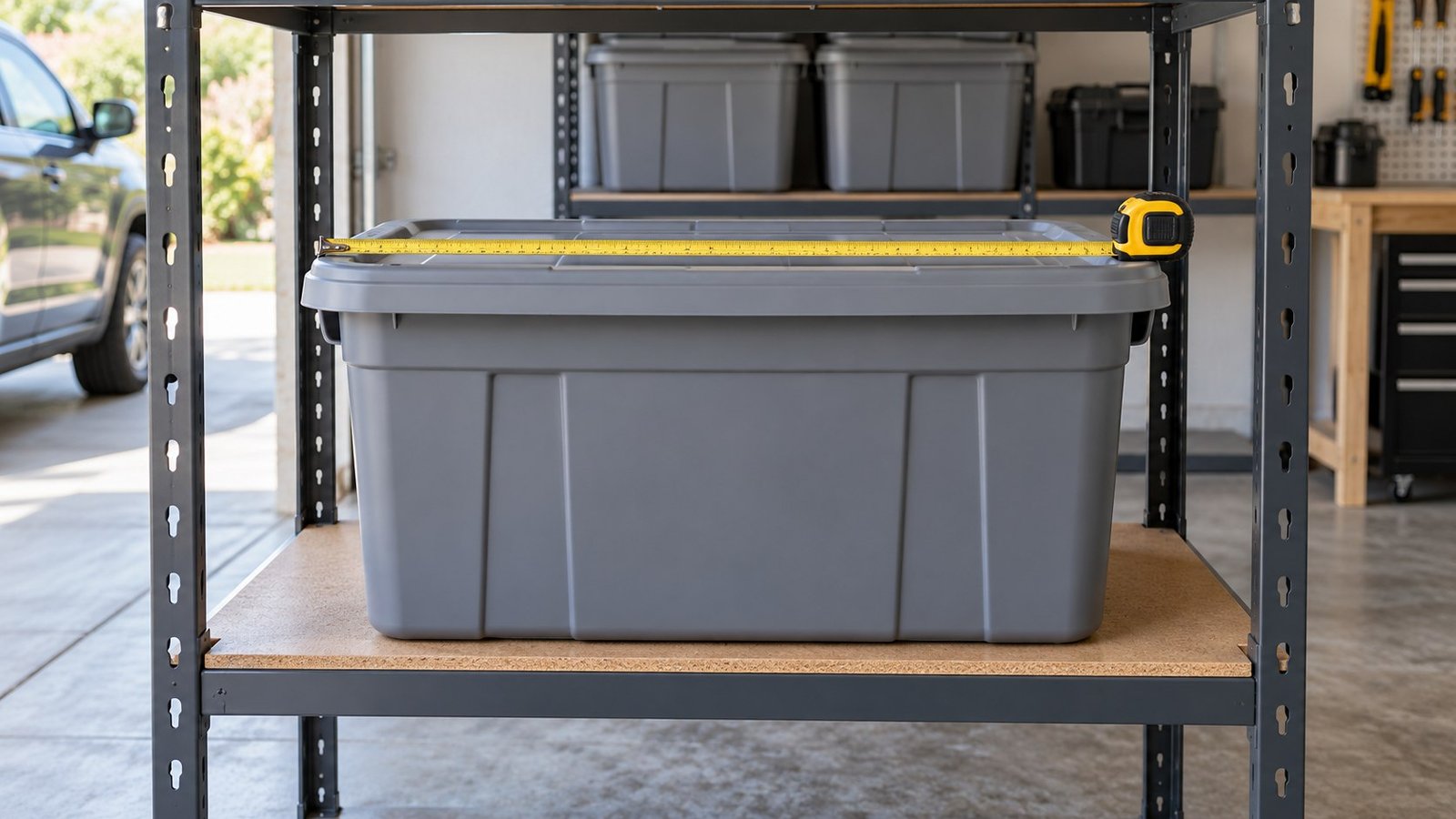 Tape measure spanning the widest exterior rim of a closed garage storage tote on steel shelving