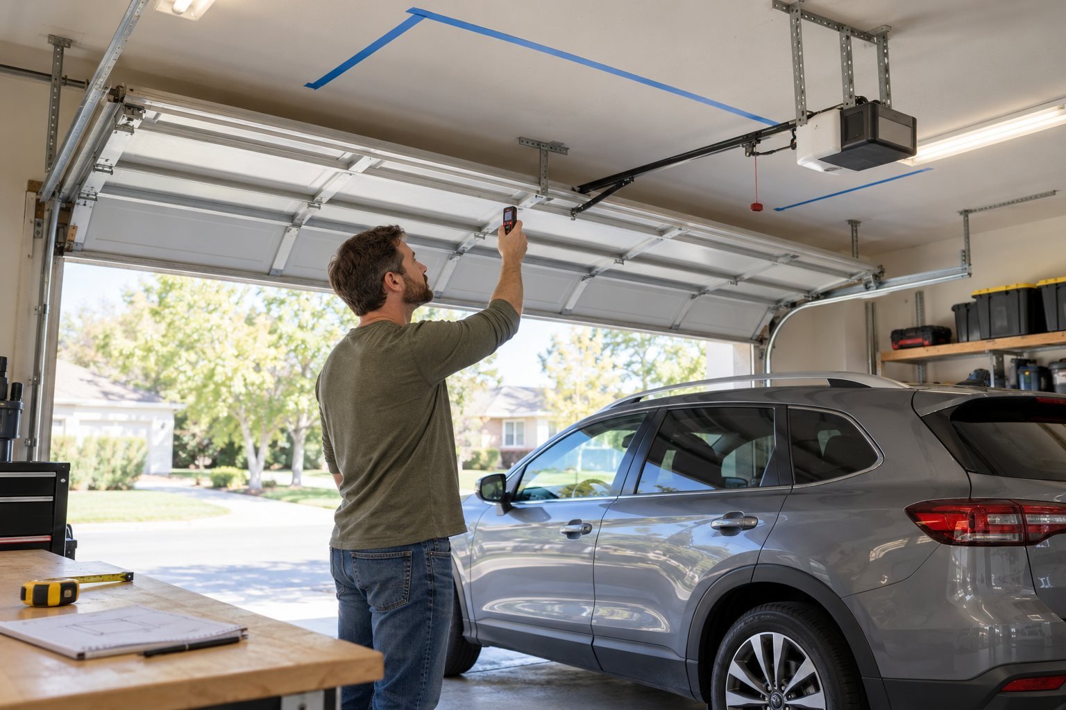 Homeowner measuring the ceiling while the sectional garage door is open and a vehicle is parked below