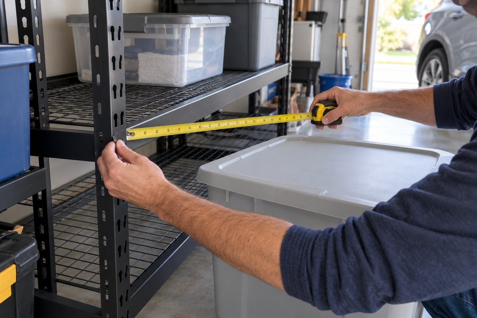 Homeowner measuring the usable opening of a steel garage shelf beside a plastic storage tote