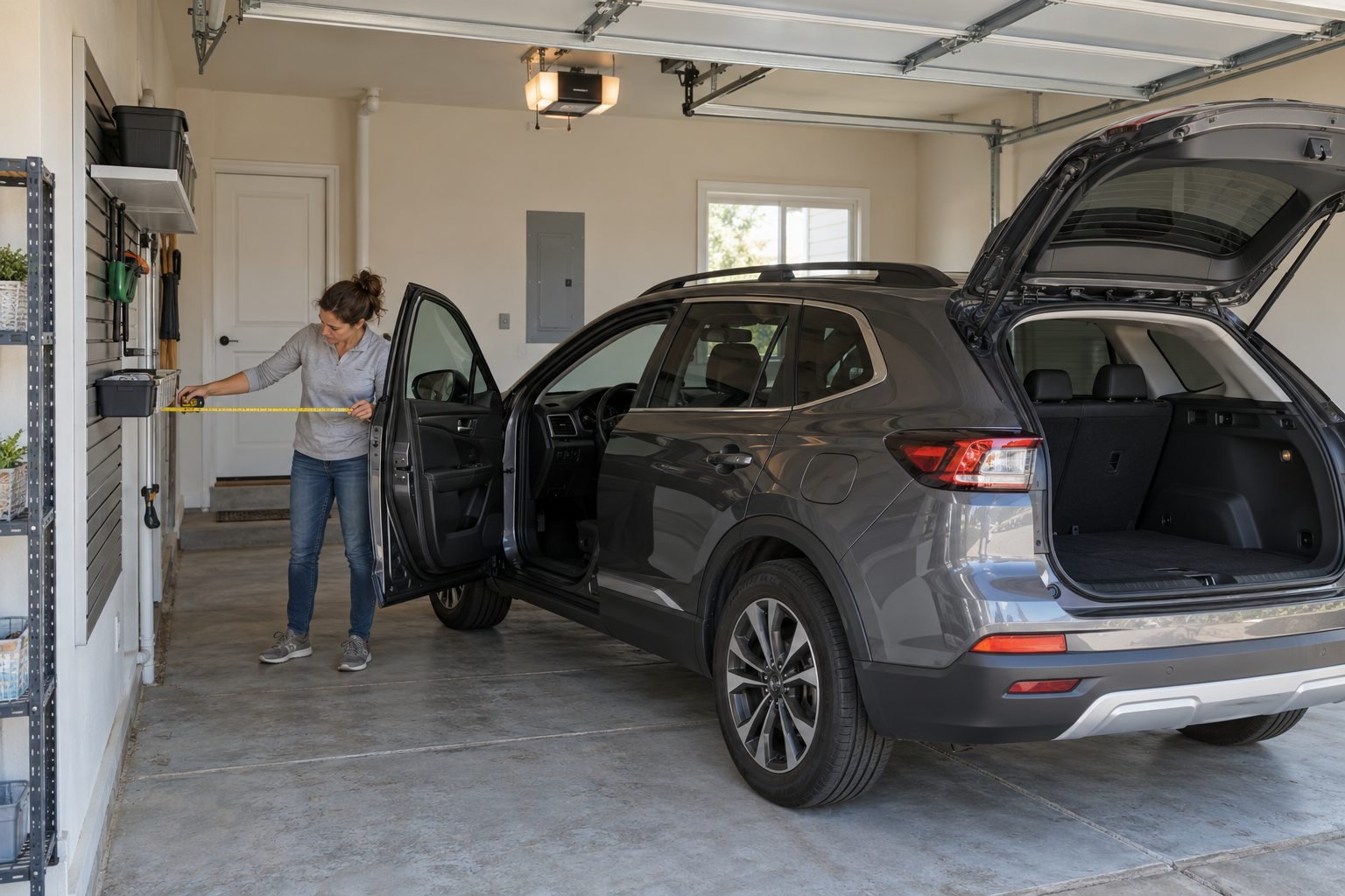 Homeowner measuring between an open vehicle door and shallow garage wall storage while the rear hatch is raised