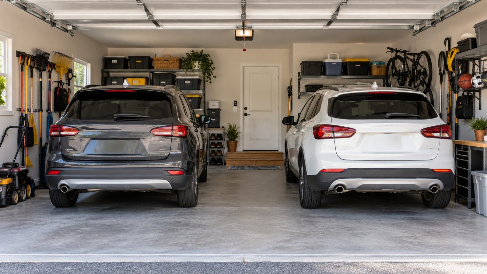 Organized two-car residential garage with clear parking, walking, sports, garden, and storage areas