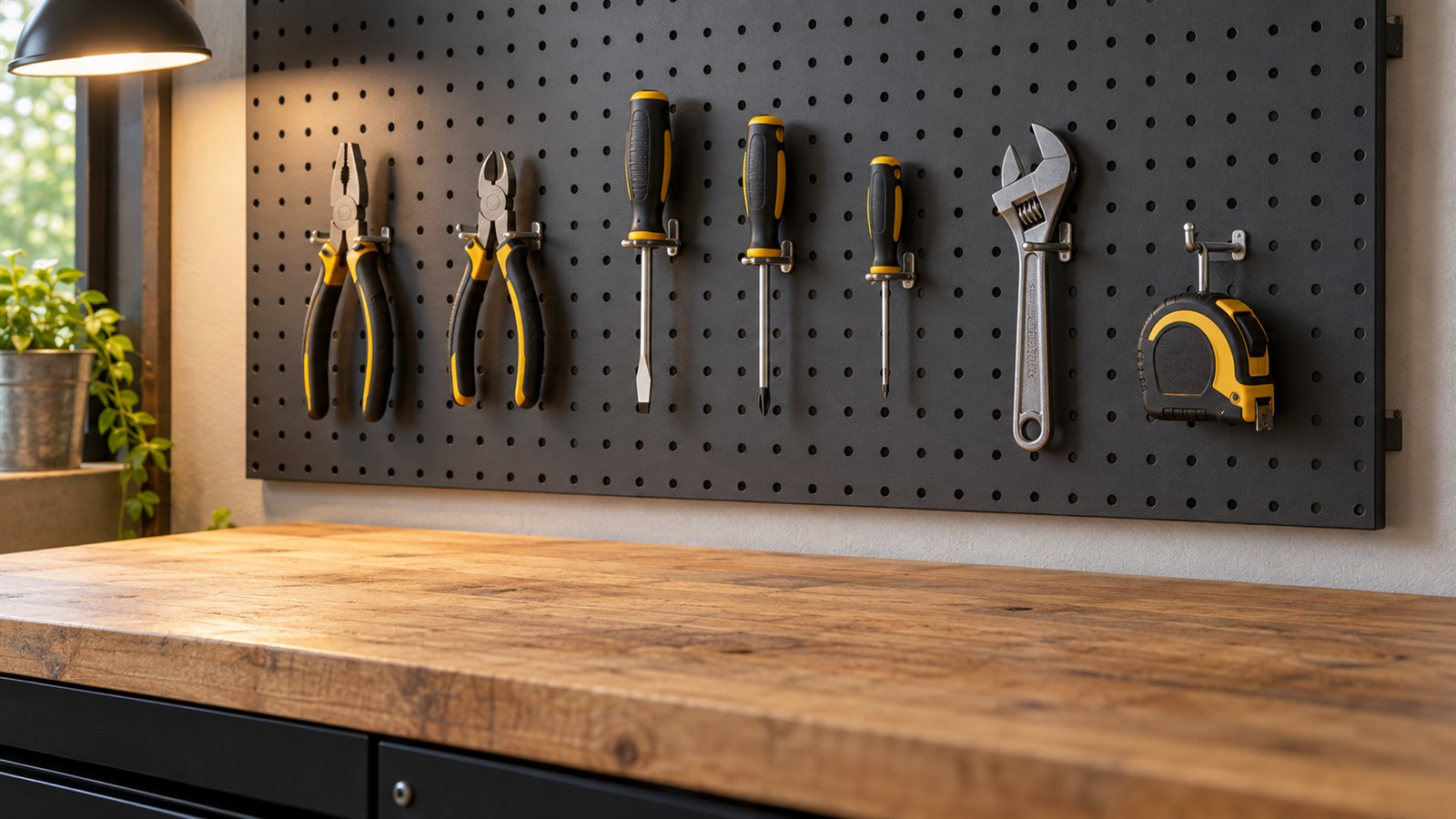 A small selection of pliers, screwdrivers, and wrenches spaced individually on dark pegboard above a clear workbench