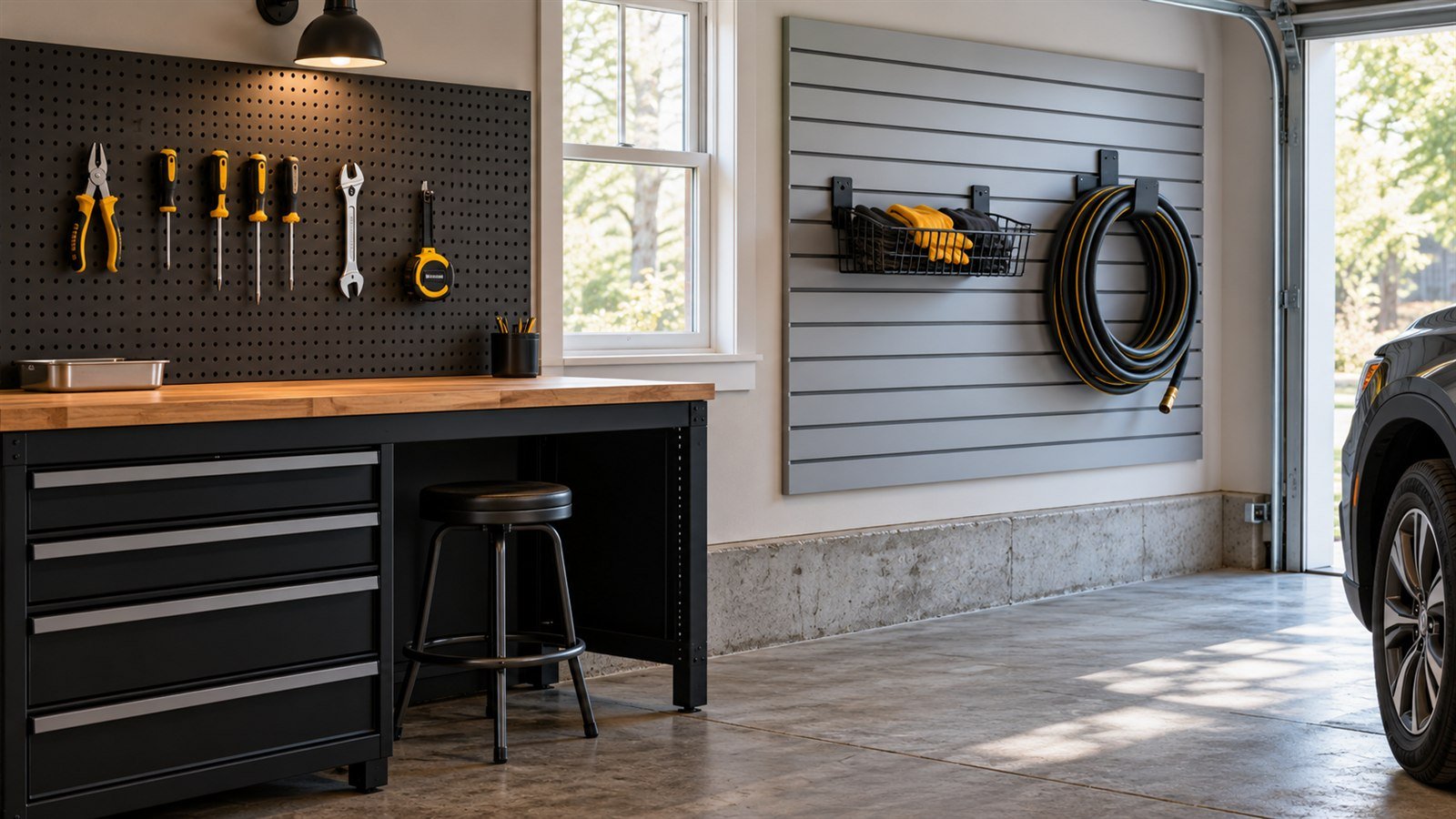 Charcoal pegboard holding a small hand-tool collection beside gray slatwall with a glove basket and hose in a home garage