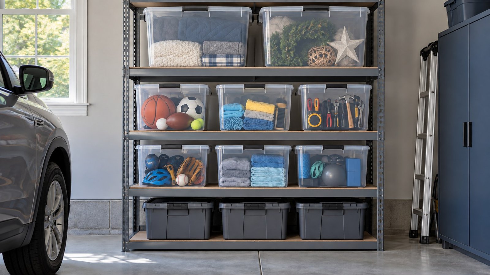 Garage storage bins arranged with dense loads low, frequently used categories at mid-height, and light seasonal items above