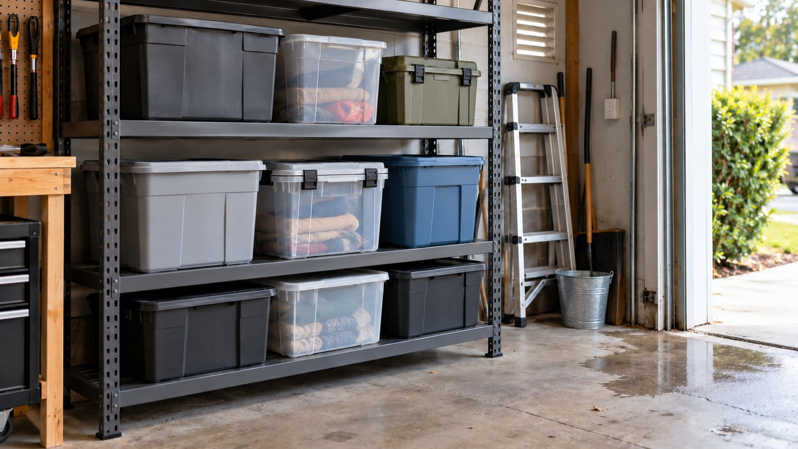 Closed garage storage bins elevated on steel shelving above a damp concrete floor near an open garage door