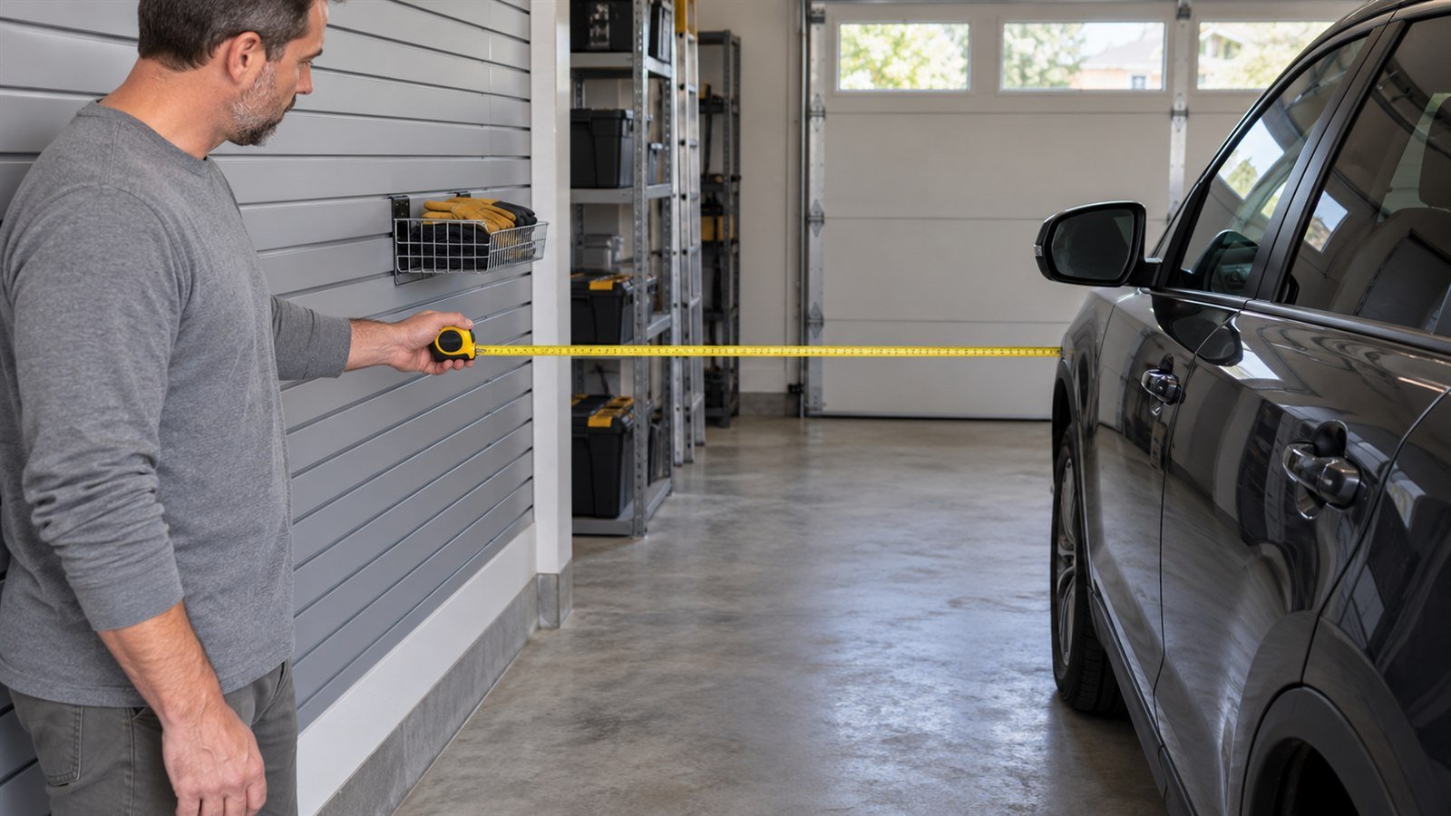 Shallow slatwall storage beside a parked vehicle with a clear walking aisle and a homeowner checking the space with a tape measure