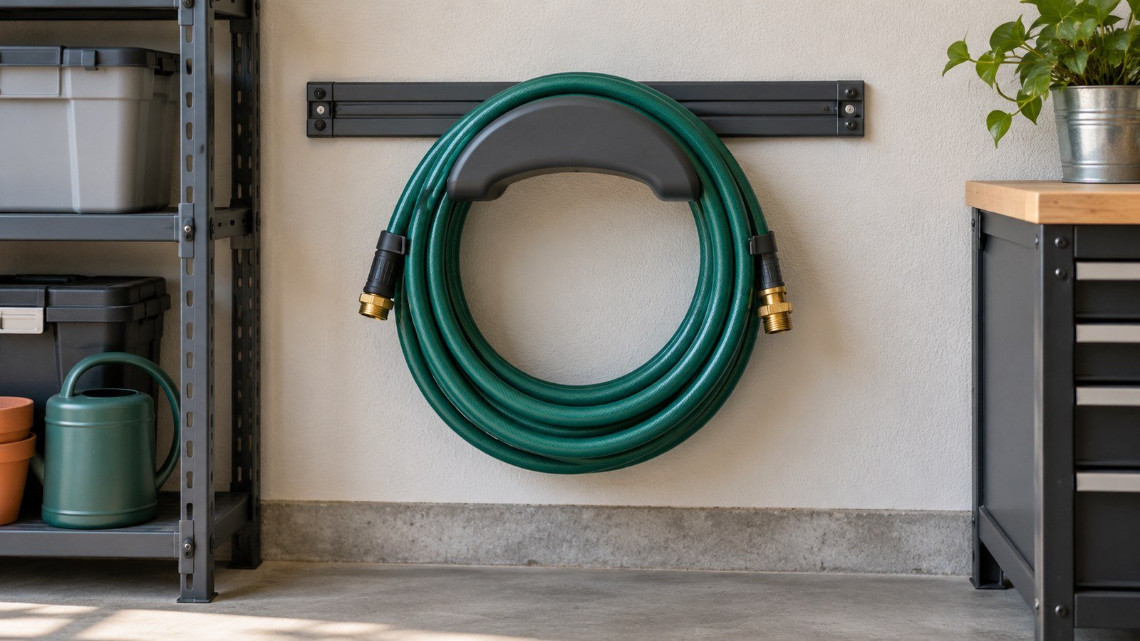 AI-generated illustration of a coiled garden hose on a generic wall-system holder.