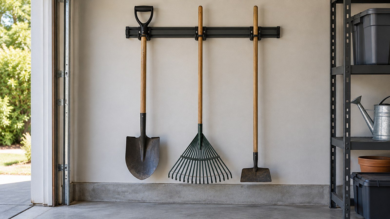 AI-generated illustration of long-handled tools held above the floor on a generic wall rail.